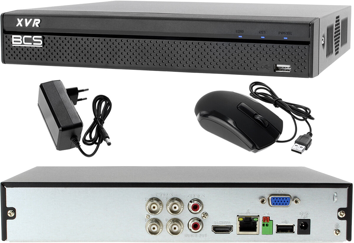 Rejestrator z Zestaw do monitoringu: Rejestrator BCS-XVR0401 + 4x BCS-TQE3200IR3 + Dysk 1TB + Akcesoria