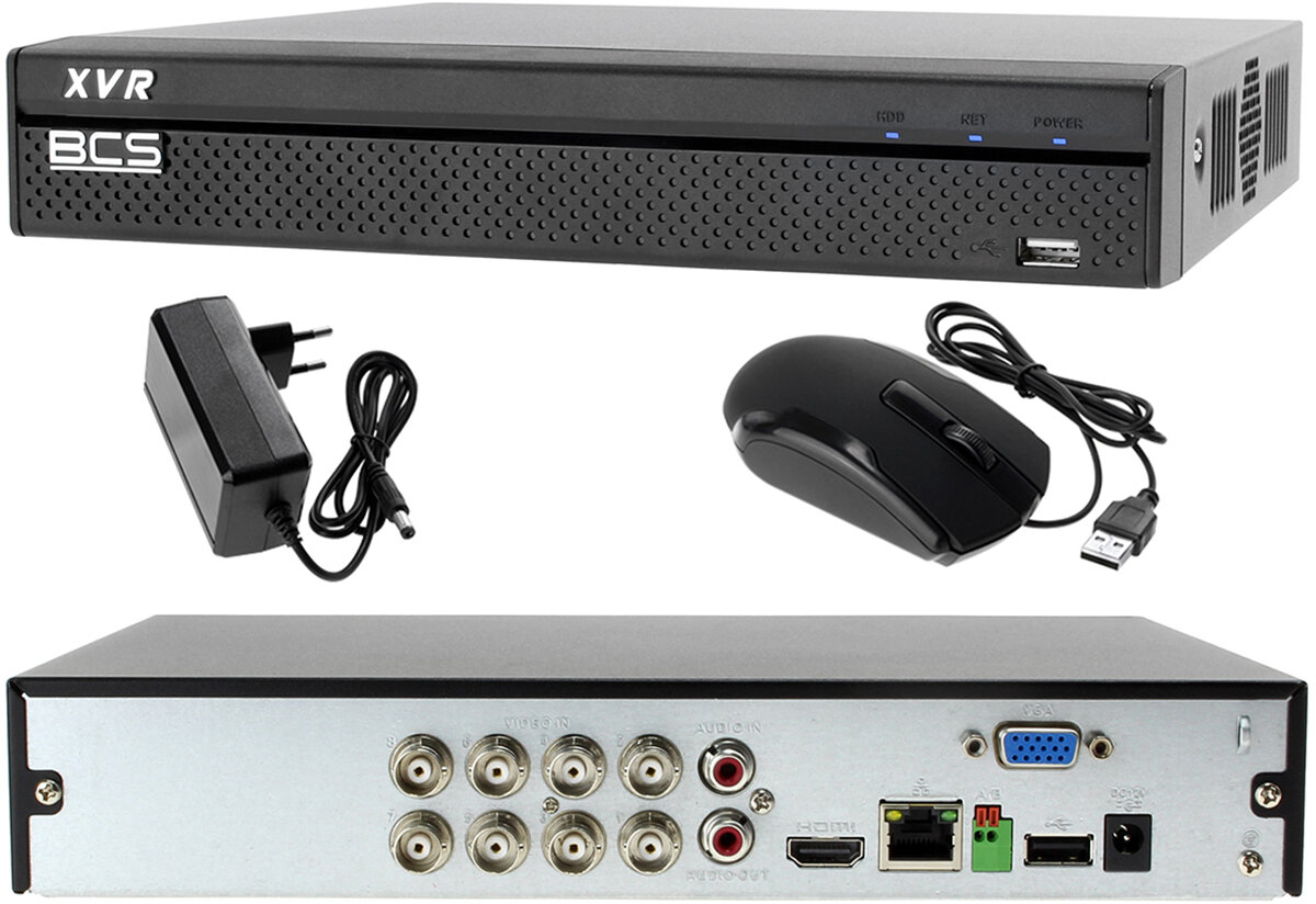 Rejestrator z Zestaw do monitoringu: Rejestrator BCS-XVR0801+ 6x BCS-TQ6200IR3 - Dysk 1TB + Akcesoria