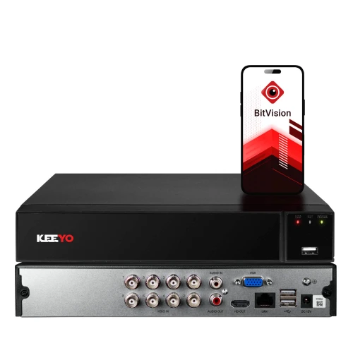 Na zdjęciu znajduje się czarny rejestrator hybrydowy marki Keeyo z kilkoma portami z tyłu, w tym wejściami wideo i audio, oraz telefon z aplikacją BitVision na ekranie. Urządzenie jest ustawione na białym tle.