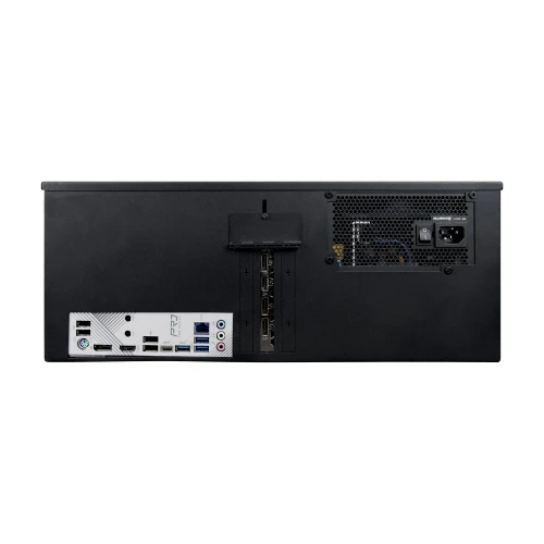 Czarny rejestrator IP BCS F-NVR3508 z widocznymi portami i złączami na tylnej ściance. Urządzenie posiada różnorodne wejścia, w tym USB, HDMI i złącza sieciowe.