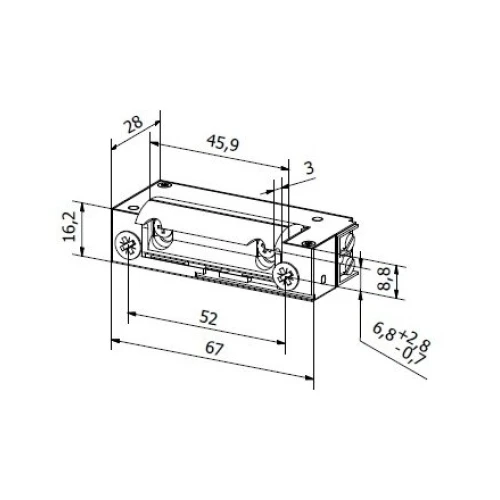 Rysunek techniczny przedstawia rygiel elektromagnetyczny XS1 z wymiarami w milimetrach. Produkt ma prostokątną formę z otworami montażowymi i szczegółowymi oznaczeniami wymiarów.