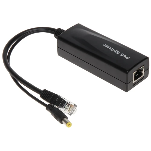 Czarny stabilizator PoE z dwoma kablami: jednym zakończonym wtykiem RJ-45, a drugim wtykiem zasilającym. Na obudowie widoczny jest napis "PoE Splitter".