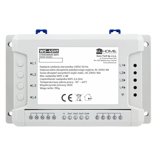 Sterownik WiFi EL HOME WS-45H1 - 4 kanały, AC 230V/ 50Hz, na szynę DIN