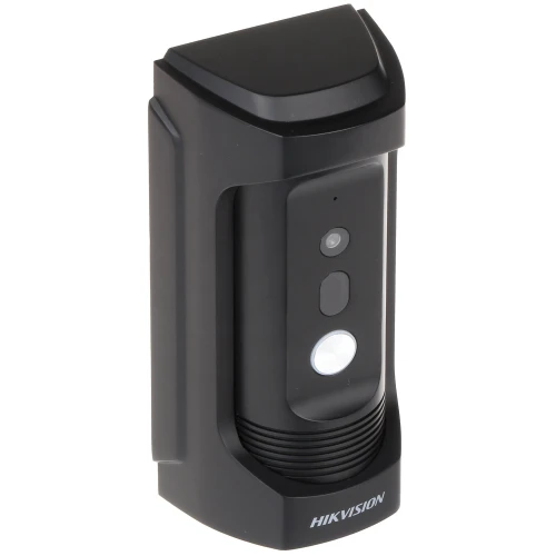Czarny wideodomofon Hikvision DS-KB8113-IME1 z kamerą i przyciskiem dzwonka, zaprojektowany do montażu na ścianie. Urządzenie ma nowoczesny, elegancki design z logo Hikvision na dole.