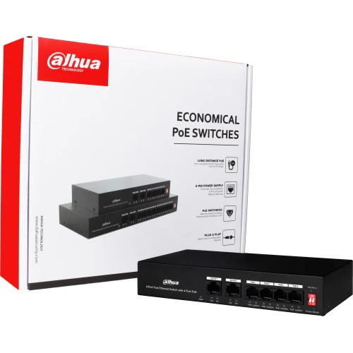 Na zdjęciu znajduje się ekonomiczny switch PoE marki Dahua, model PFS3006-4ET-36, z czterema portami Ethernet i jednym portem uplink. Obok urządzenia widoczne jest opakowanie z grafiką przedstawiającą switch oraz informacjami o jego funkcjach, takich jak zasilanie PoE i łatwość instalacji.