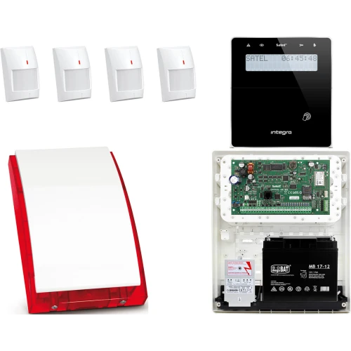 System alarmowy bezprzewodowy SATEL INTEGRA: Płyta Główna Integra 128-WRL + Manipulator bezprzewodowy INT-KWRL2-BSB + 4 x Czujka APD-100 + Sygnalizator Bezprzewodowy ASP-105 + Akcesoria