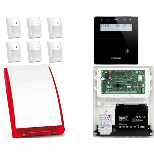 System alarmowy bezprzewodowy SATEL INTEGRA: Płyta Główna Integra 128-WRL + Manipulator bezprzewodowy INT-KWRL2-BSB + 6 x Czujka APD-100 + Sygnalizator Bezprzewodowy ASP-105 + Akcesoria