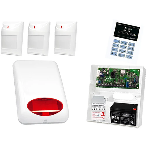 System alarmowy SATEL: Centrala CA-5 P, Manipulator CA-5 KLED-S, 3 x Czujka AQUA PET, Sygnalizator SPL-5010 R, Akcesoria