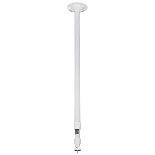 Teleskopowy uchwyt sufitowy do kamery w kolorze białym, z regulowaną długością. Uchwyt posiada okrągłą podstawę montażową i mechanizm regulacji wysokości.