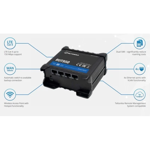 Teltonika RUT950 | Profesjonalny przemysłowy router 4G LTE | Cat.4, WiFi, Dual Sim, 1x WAN, 3X LAN, RUT950 U022C0