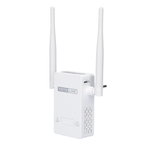 Na zdjęciu znajduje się biały wzmacniacz sygnału Wi-Fi marki TotoLink z dwiema antenami skierowanymi do góry. Urządzenie posiada przyciski i wskaźniki na przednim panelu oraz logo producenta.