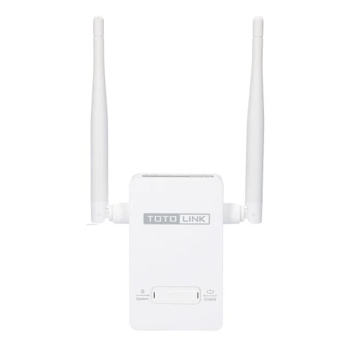 Na zdjęciu znajduje się biały wzmacniacz sygnału Wi-Fi marki TotoLink z dwoma antenami skierowanymi do góry. Na przedniej części urządzenia widoczne są przyciski i diody sygnalizacyjne.