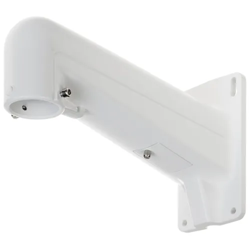 Biały uchwyt kamery Hikvision DS-1602ZJ jest przedstawiony na białym tle, ukazując jego boczny profil i otwory montażowe. Uchwyt ma prosty, nowoczesny design z gładkimi liniami i metalowymi elementami mocującymi.