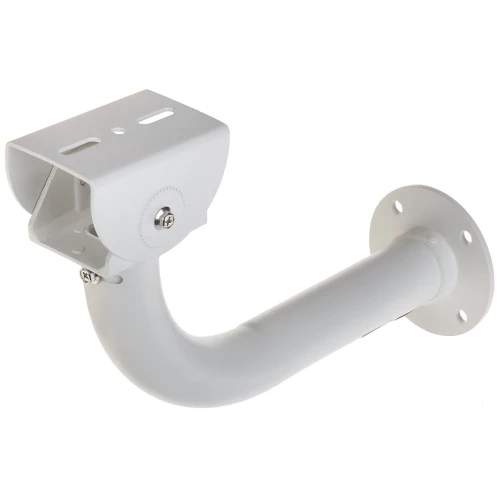Na zdjęciu znajduje się metalowy uchwyt montażowy w kolorze białym, przeznaczony do mocowania obudowy kamery. Uchwyt ma zakrzywioną konstrukcję z otworami montażowymi na obu końcach.