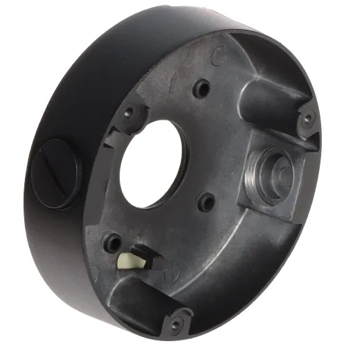 Czarny uchwyt sufitowy do kamer kulistych z okrągłym otworem centralnym i kilkoma mniejszymi otworami montażowymi. Uchwyt ma solidną konstrukcję i jest przeznaczony do montażu na suficie.