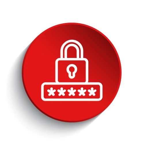 Czerwone koło z białą ikoną kłódki i symbolem hasła składającego się z gwiazdek. Grafika sugeruje tematykę bezpieczeństwa lub ochrony danych.
