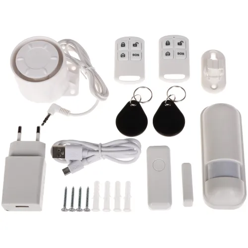 Zestaw alarmowy składający się z różnych elementów, w tym dwóch pilotów, dwóch breloków, czujnika ruchu, ładowarki, kabla USB oraz śrub montażowych. Wszystkie komponenty są rozmieszczone na białym tle, co ułatwia ich identyfikację.