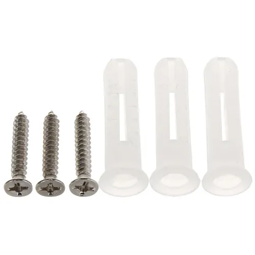 Na zdjęciu znajdują się trzy metalowe wkręty oraz trzy białe plastikowe kołki rozporowe. Elementy te są ułożone w rzędzie na białym tle.