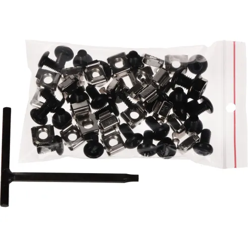 Zdjęcie przedstawia przezroczystą plastikową torebkę zawierającą zestaw czarnych śrub i metalowych klipsów montażowych. Obok torebki znajduje się czarny klucz imbusowy w kształcie litery T.