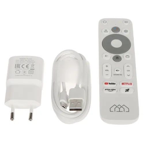 Na zdjęciu znajduje się biały pilot z przyciskami, ładowarka sieciowa oraz kabel USB. Pilot posiada przyciski do obsługi telewizora oraz dedykowane przyciski do aplikacji YouTube i Netflix.