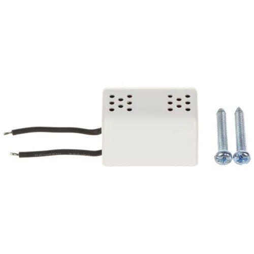 Na zdjęciu znajduje się biały czujnik z dwoma czarnymi przewodami oraz dwie srebrne śruby. Czujnik ma osiem otworów wentylacyjnych rozmieszczonych symetrycznie.