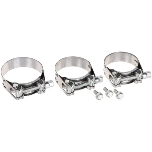 Na zdjęciu znajdują się trzy metalowe opaski zaciskowe z śrubami, ułożone w rzędzie. Obok nich leżą cztery dodatkowe śruby.