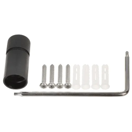 Na zdjęciu znajduje się zestaw montażowy składający się z czarnej tulei, czterech srebrnych wkrętów, czterech plastikowych kołków oraz dwóch metalowych kluczy. Elementy są ułożone na białym tle, co podkreśla ich kształt i kolor.