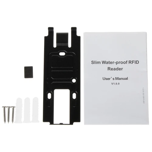 Na zdjęciu znajduje się zestaw montażowy do czytnika RFID, który obejmuje czarną metalową płytkę montażową, instrukcję obsługi, trzy śruby, trzy kołki rozporowe i mały czarny element. Produkt jest przeznaczony do instalacji wodoodpornego czytnika RFID.