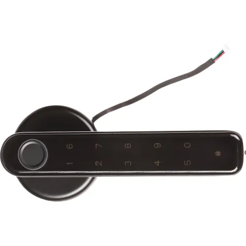 Czarna, nowoczesna klawiatura numeryczna z okrągłym przyciskiem na końcu, połączona z przewodem. Klawiatura posiada cyfry od 0 do 9 oraz symbole # i *.