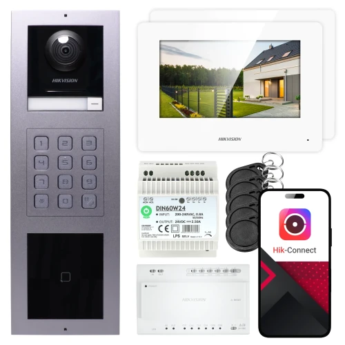 Wideodomofon 2-żyłowy Hikvision 2x monitor DS-KH6320Y-WTE2 biały, panel podtynkowy, klawiatura, czytnik