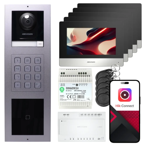 Wideodomofon 2-żyłowy Hikvision 5x monitor DS-KH6320Y-WTE2 czarny, panel podtynkowy, klawiatura, czytnik