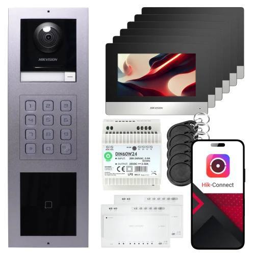 Wideodomofon 2-żyłowy Hikvision 6x monitor DS-KH6320Y-WTE2 czarny, panel natynkowy, klawiatura, czytnik