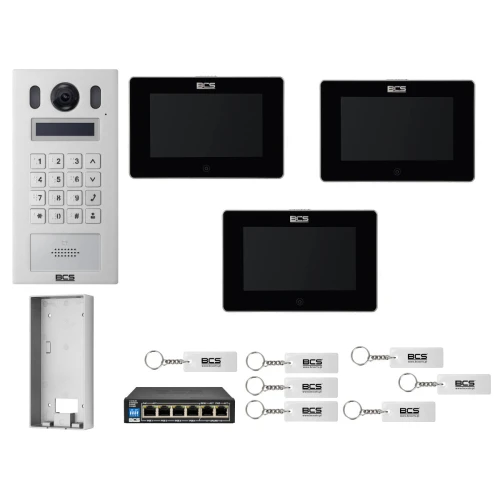 Wideodomofon IP BCS-PAN9201S-S + 3x Monitor BCS-MON7300B-S Czarny, Natynkowy
