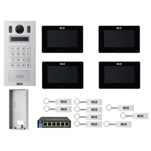 Wideodomofon IP BCS-PAN9201S-S + 4x Monitor BCS-MON7300B-S Czarny, Natynkowy