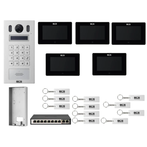 Wideodomofon IP BCS-PAN9201S-S + 5x Monitor BCS-MON7300B-S Czarny, Natynkowy