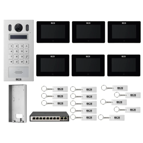 Wideodomofon IP BCS-PAN9201S-S + 6x Monitor BCS-MON7300B-S Czarny, Natynkowy