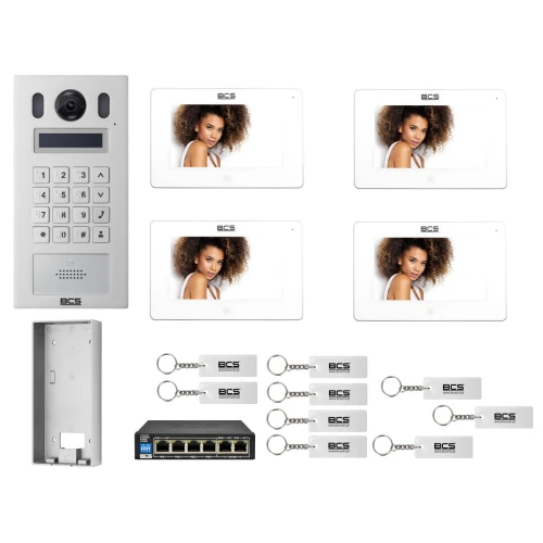Wideodomofon IP BCS-PAN9201S-S + 4x Monitor BCS-MON7300W-S Biały, Natynkowy