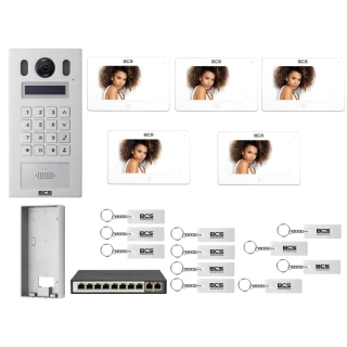 Wideodomofon IP BCS-PAN9201S-S + 5x Monitor BCS-MON7300W-S Biały, Natynkowy