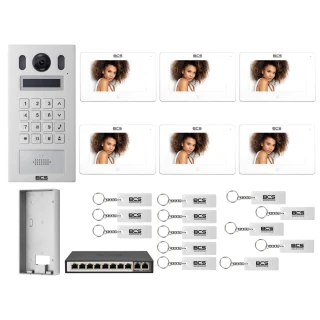 Wideodomofon IP BCS-PAN9201S-S + 6x Monitor BCS-MON7300W-S Biały, Natynkowy