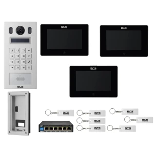 Wideodomofon IP BCS-PAN9201S-S + 3x Monitor BCS-MON7300B-S Czarny, Podtynkowy