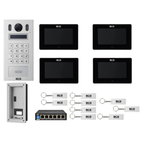 Wideodomofon IP BCS-PAN9201S-S + 4x Monitor BCS-MON7300B-S Czarny, Podtynkowy