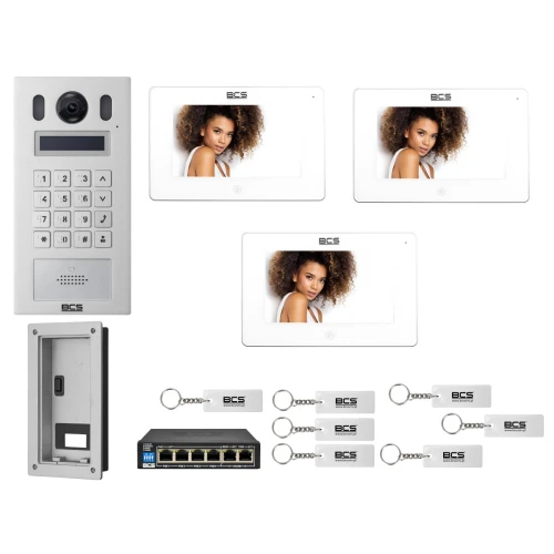 Wideodomofon IP BCS-PAN9201S-S + 3x Monitor BCS-MON7300W-S Biały, Podtynkowy