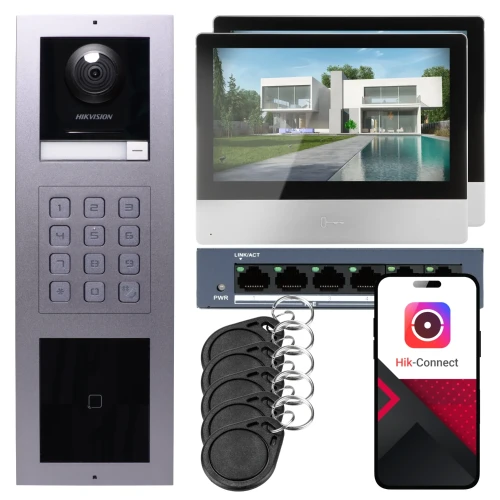 Wideodomofon IP Hikvision 2x monitor DS-KH8350-WTE1, natynkowy, panel, klawiatura, czytnik