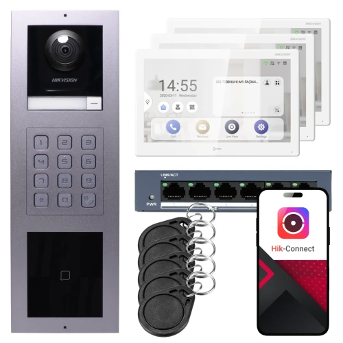 Wideodomofon IP Hikvision 3x monitor DS-KH9510-WTE1(B), natynkowy, panel, klawiatura, czytnik