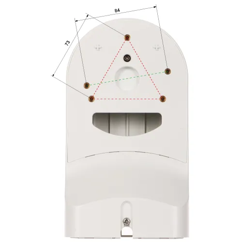 Widok od tyłu białej kamery z zaznaczonymi punktami montażowymi i wymiarami w milimetrach. Na zdjęciu widoczne są linie tworzące trójkąt oraz otwory montażowe.