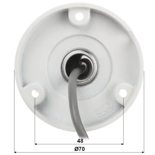 Zdjęcie przedstawia okrągłą, metalową podstawę montażową z centralnie umieszczonym przewodem elektrycznym. Na podstawie widoczne są cztery otwory montażowe oraz oznaczenia wymiarów: średnica 70 mm i odległość między otworami 48 mm.