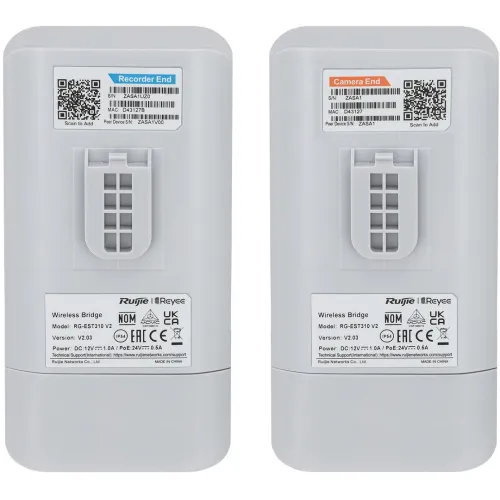 Dwa białe urządzenia sieciowe Ruijie Reyee Wireless Bridge z widocznymi etykietami i kodami QR na górze. Urządzenia oznaczone są jako "Recorder End" i "Camera End", z informacjami technicznymi na dole.