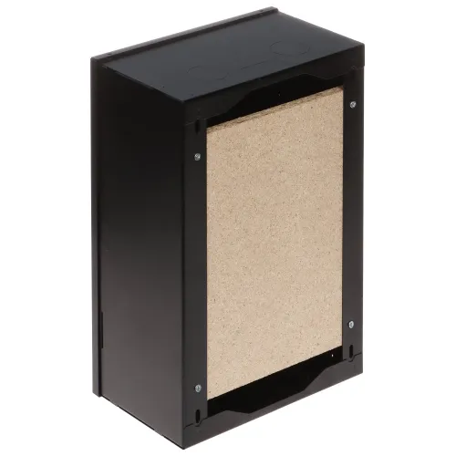 Czarna, prostokątna obudowa z metalowymi bokami i drewnianym panelem z przodu, widoczna od strony mocowania. Na górze znajdują się dwa okrągłe otwory.