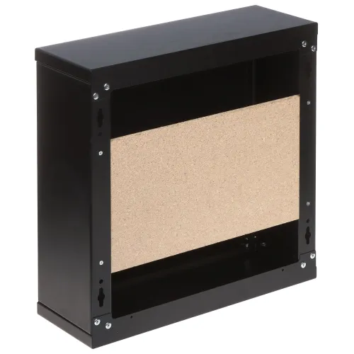 Czarna, prostokątna obudowa z otwartym frontem, w której widoczna jest płyta z jasnego materiału, prawdopodobnie korka. Obudowa posiada otwory montażowe po bokach.