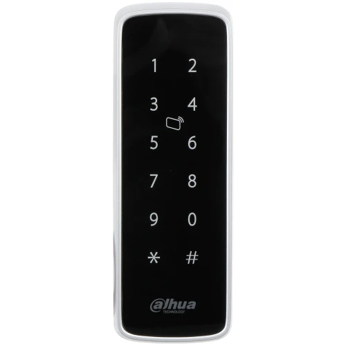 Na zdjęciu znajduje się czarny panel dotykowy z białymi cyframi i symbolami, służący do kontroli dostępu. Produkt marki Dahua Technology ma elegancki, nowoczesny design z logo umieszczonym na dole.